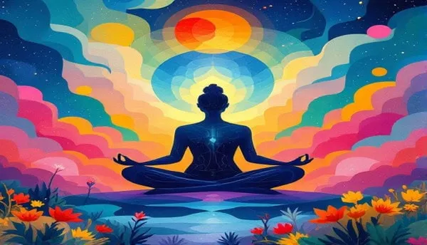 A vibrant, artistic depiction of mindfulness featuring a silhouette of a person in a seated meditative pose surrounded by colourful abstract waves of light.