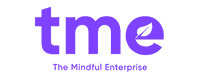 The Mindful Enterprise logo with the abbreviation 'tme' in bold purple lowercase letters, featuring a leaf design in the letter 'e', and the text 'The Mindful Enterprise' written below.
