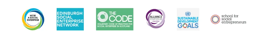 Logos of organisations supporting MHScot: Social Enterprise, Edinburgh Social Enterprise Network, The Code, Alliance, Sustainable Development Goals, School for Social Entrepreneurs.