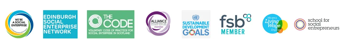 Logos of organisations supporting MHScot: Social Enterprise, Edinburgh Social Enterprise Network, The Code, Alliance, Sustainable Development Goals, FSB, Living Wage, School for Social Entrepreneurs.