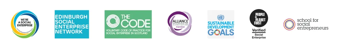 Logos of organisations supporting MHScot: Social Enterprise, Edinburgh Social Enterprise Network, The Code, Alliance, Sustainable Development Goals, People and Planet First Verified Social Enterprise, School for Social Entrepreneurs.