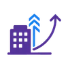 A blue arrow is pointing up to a building.