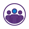 A purple circle with three people in it.