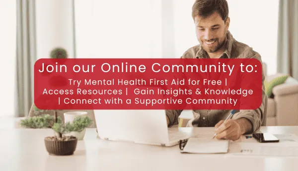 Man smiling while using a laptop at a desk with a banner inviting to join an online learning community for mental health.