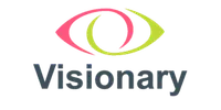 Visionary logo with an abstract eye design in pink and green above the word 'Visionary'.