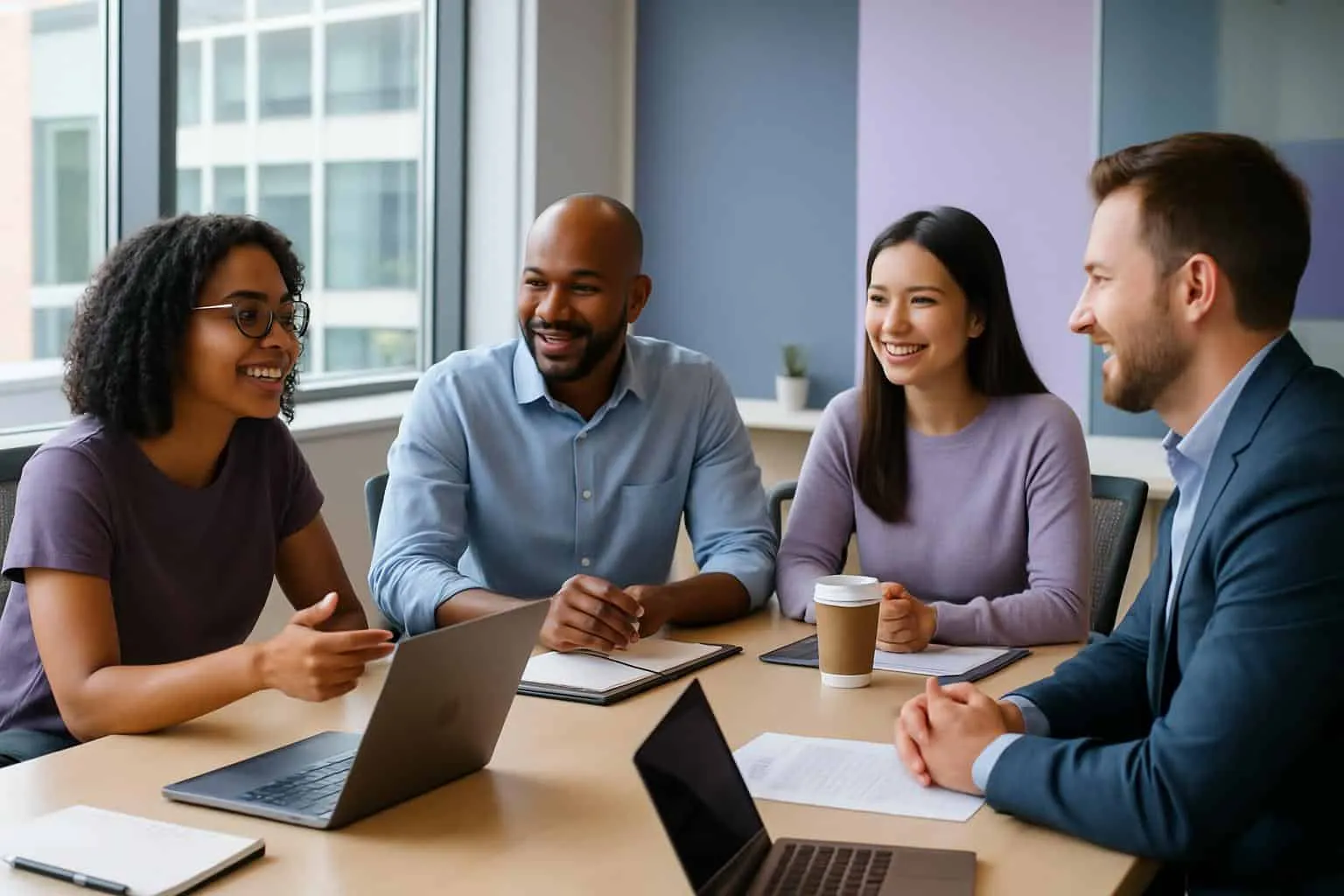 Four people sitting around a table with laptops.